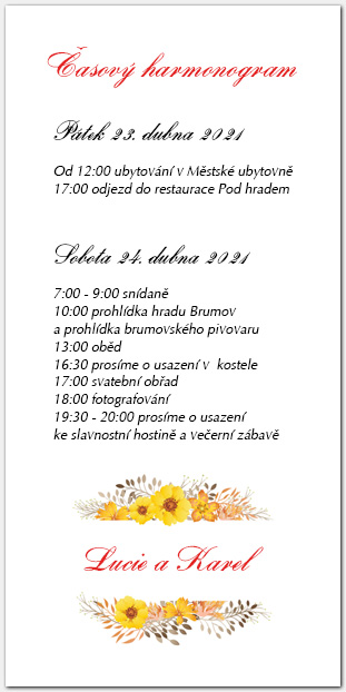 Harmonogram svatebního dne se žlutými květy 1069