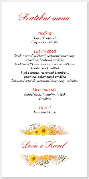 Svatební menu se žlutými květy 1069