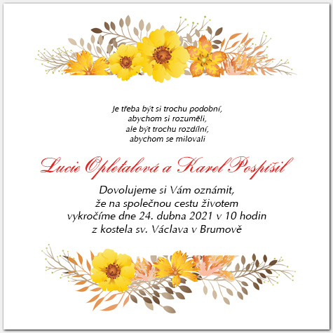 Svatební oznámení se žlutými květy 1069c