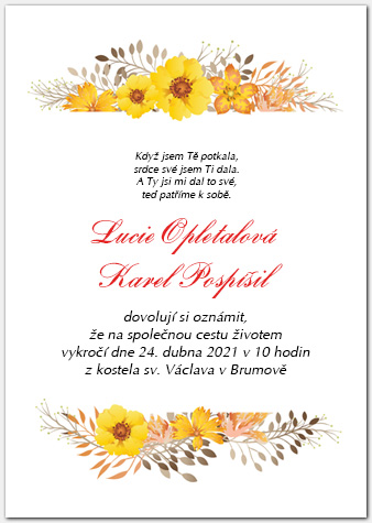 Svatební oznámení 1069a se žlutými květy